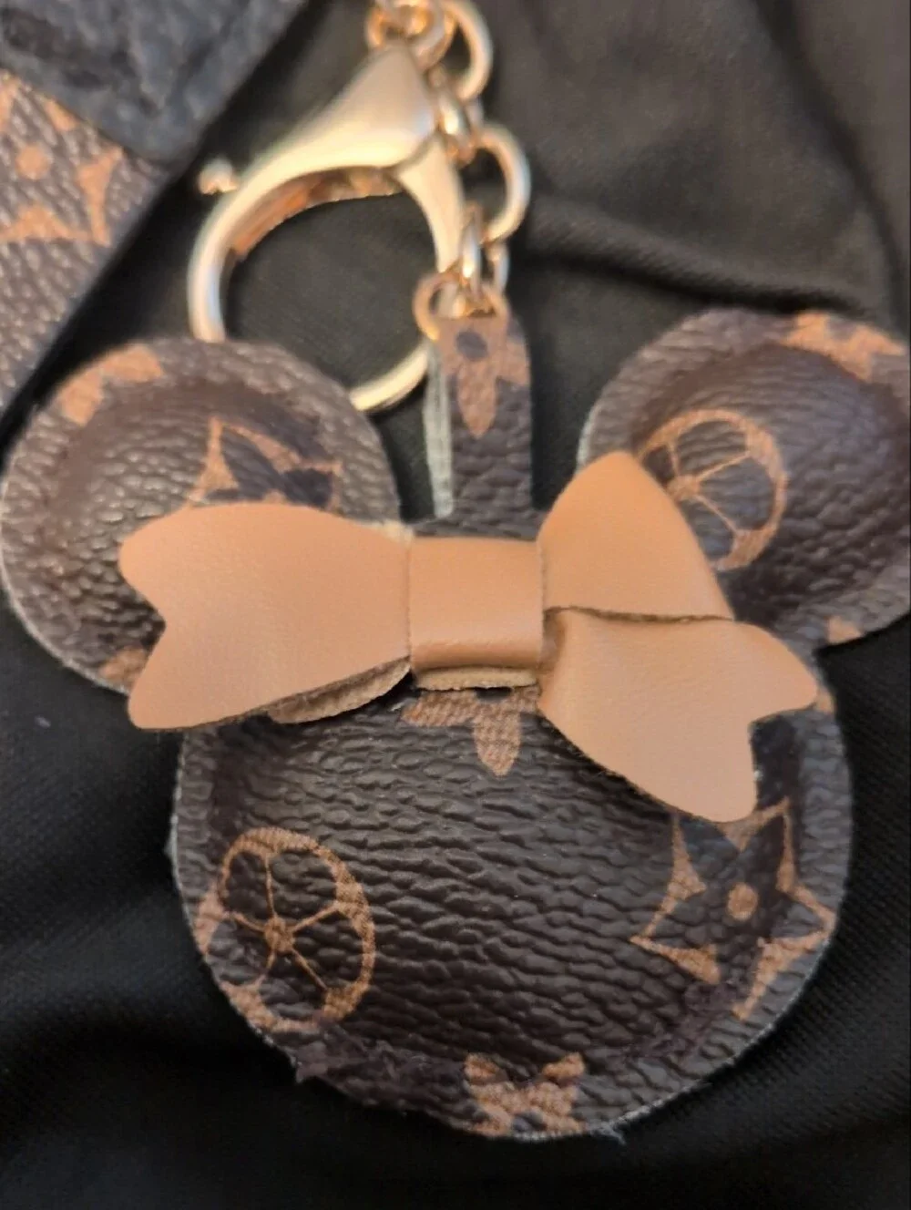 Fashion Jewelry Brown Monogram Mouse Keychain with Tan Bow